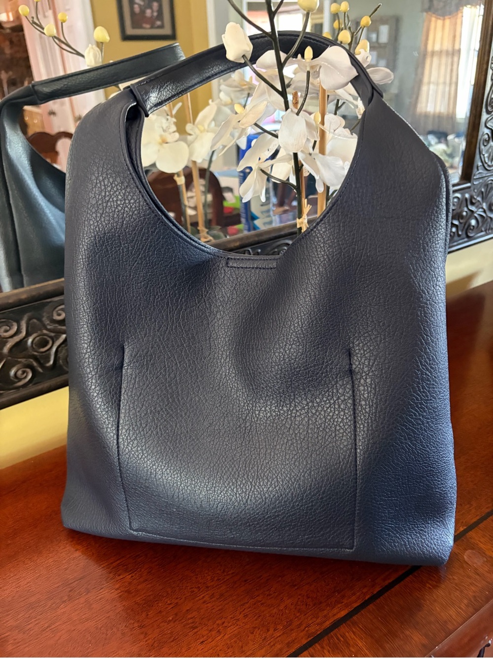 Hoxis Navy Pebbled Vegan Leather       Hobo Bag - Women
